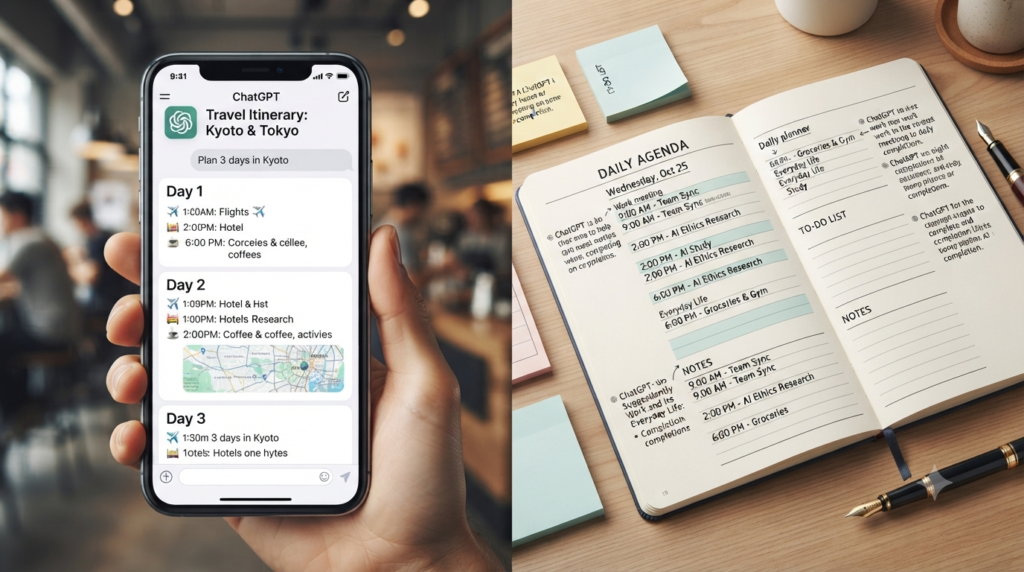 Smartphone showing AI-generated travel itinerary and daily tasks