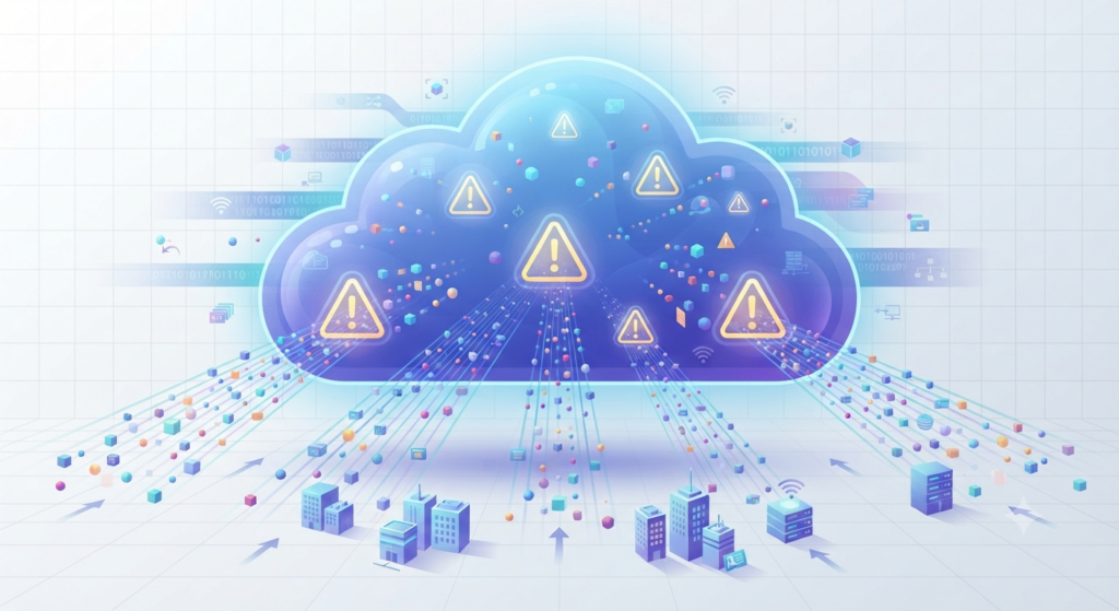Abstract digital data points flowing into a cloud network marked with cautionary icons to warn against data leaks.