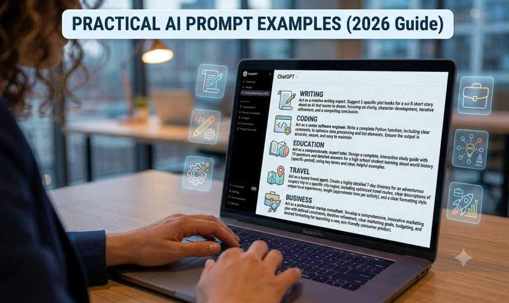 Examples of AI prompts for writing, coding, education and productivity.