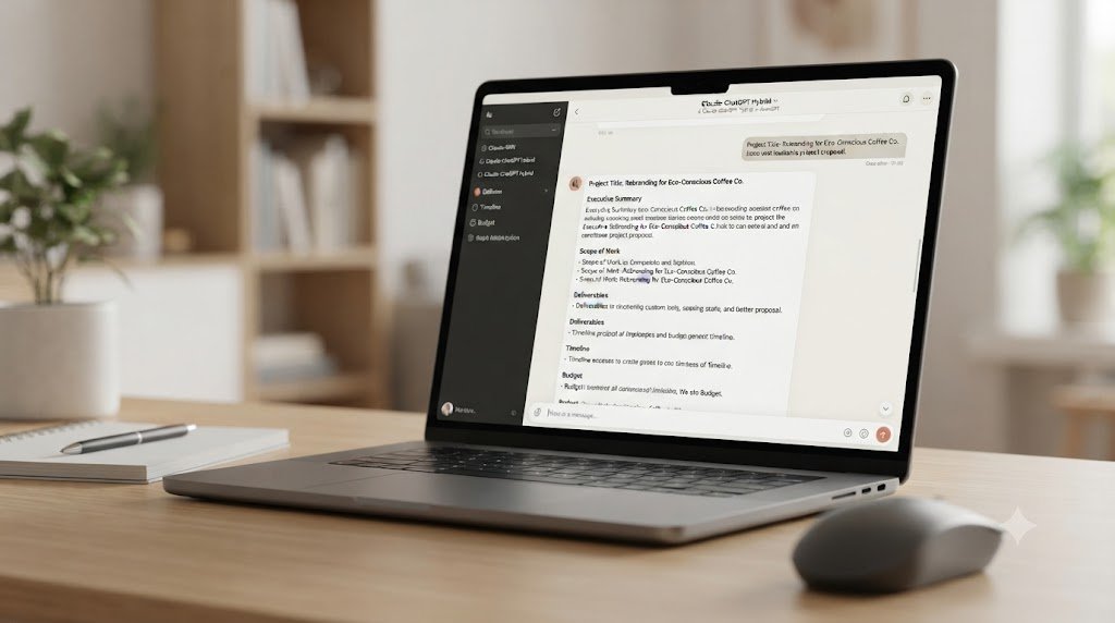 Close-up of AI writing assistant interface generating a freelance proposal draft.
