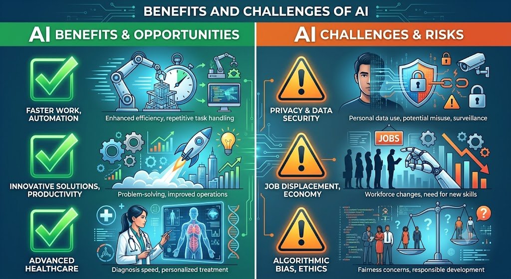 AI benefits and challenges infographic showing automation, productivity, healthcare, privacy, job displacement, and bias