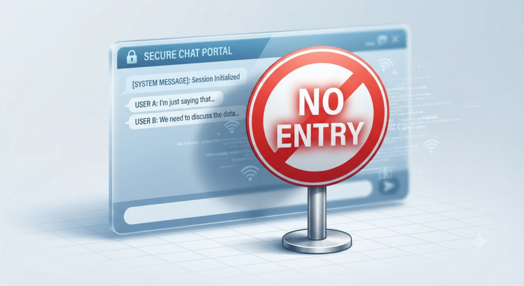 A clear, professional 'No Entry' sign displayed in front of an AI chat window to symbolize protecting sensitive information.