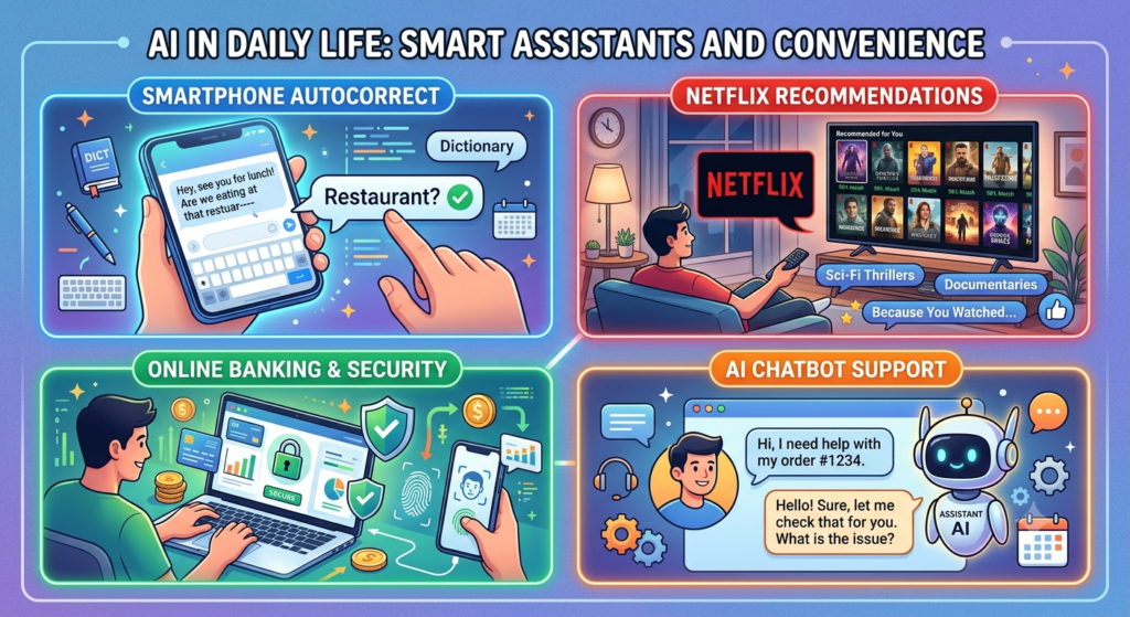 AI in everyday life: smartphone typing, streaming recommendations, fraud detection, and digital assistants