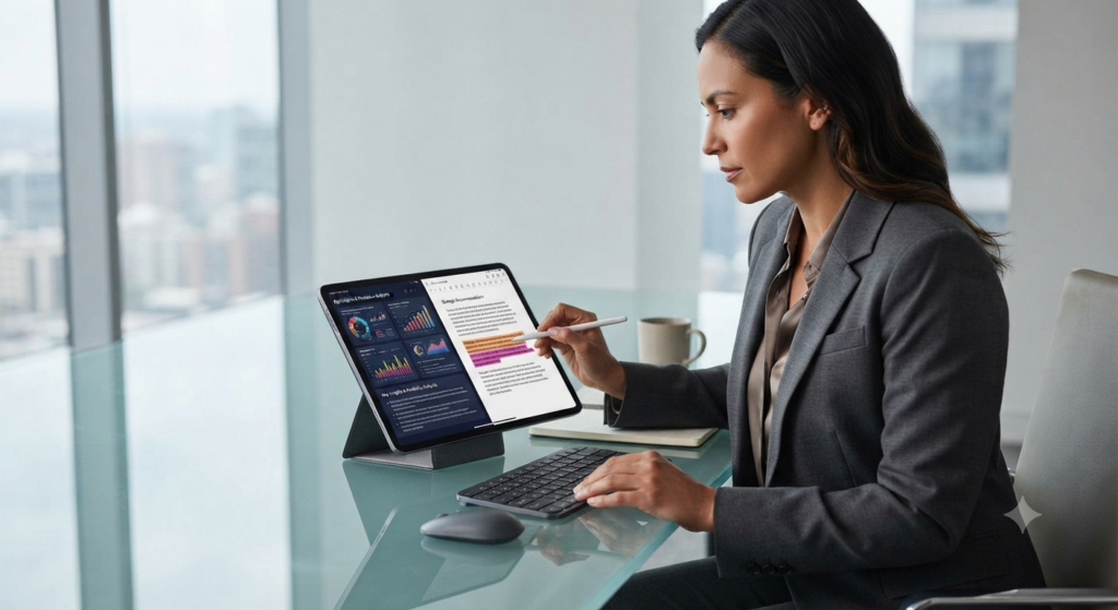 Professional reviewing an AI-assisted business report