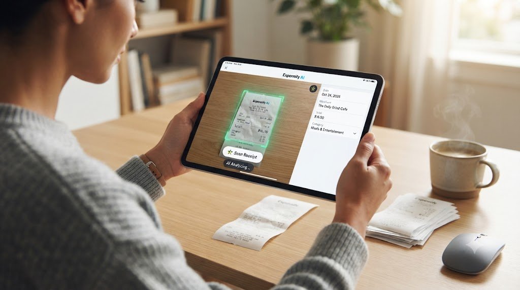 Freelancer using an AI-powered finance tool to automate expense tracking and invoicing.