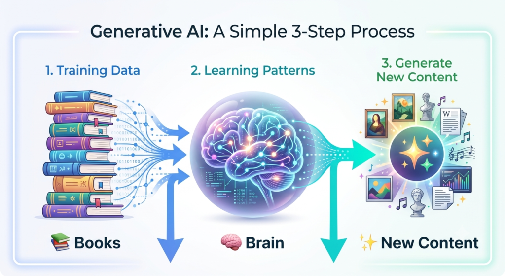 Three-step diagram showing how Generative AI learns from data and creates new content.
