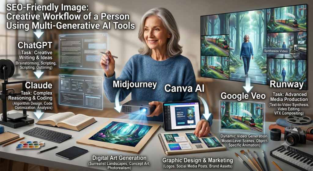 Popular Generative AI tools used for writing, image generation, design and video creation.