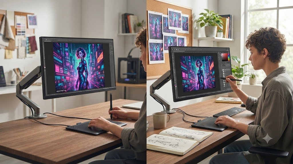 Graphic designer collaborating with AI image generation tools for creative branding.