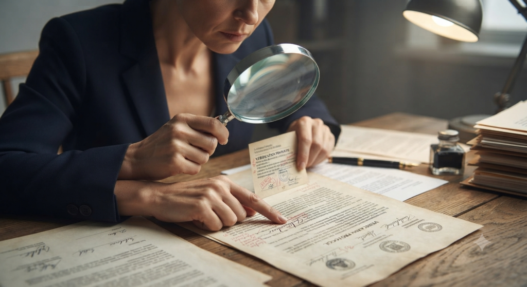 A person using a magnifying glass to inspect a document generated by AI, representing the importance of fact-checking.