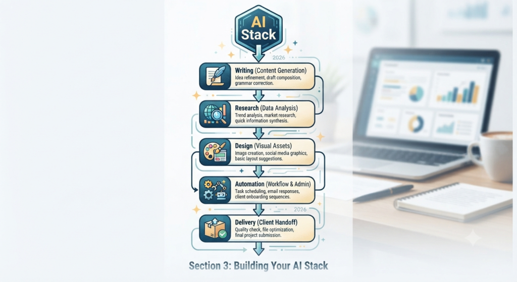 The illustration below shows how a simple AI stack can help freelancers manage writing, research, design, automation, and client work more efficiently.