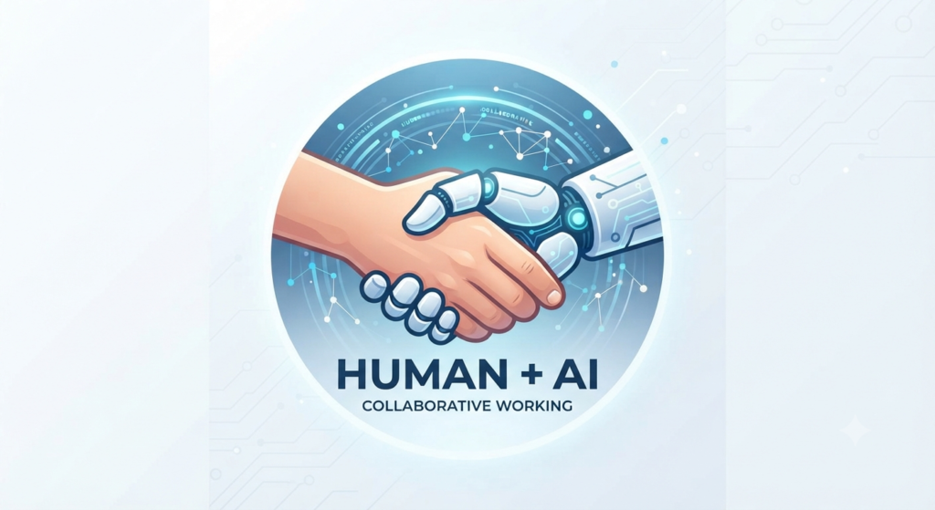 An icon depicting a handshake between a human and an AI robot, representing collaborative, ethical, and original content creation.