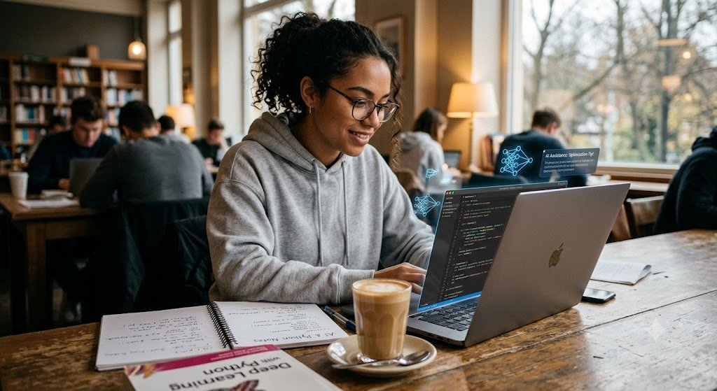 Student learning Python programming on a laptop