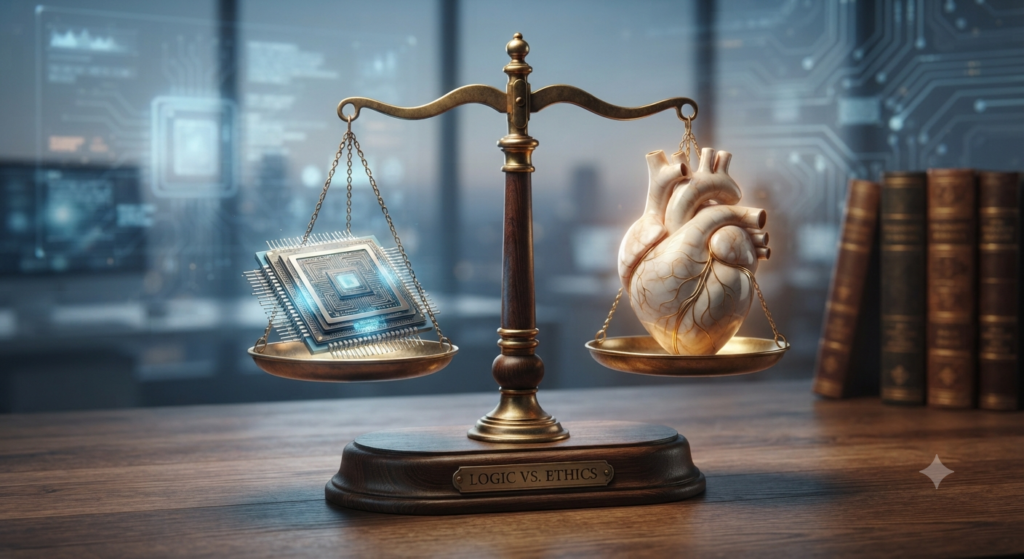 A balanced scale weighing a computer chip on one side and a heart on the other, representing the balance between AI logic and human ethics.