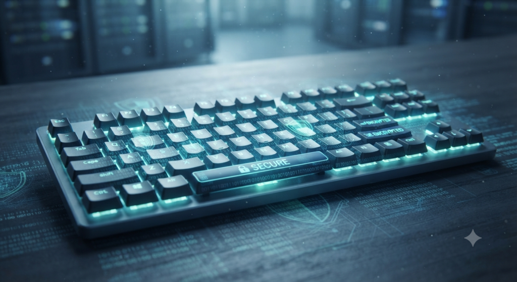 A close-up of a computer keyboard with a soft blue encrypted glow, representing secure and mindful prompt engineering.