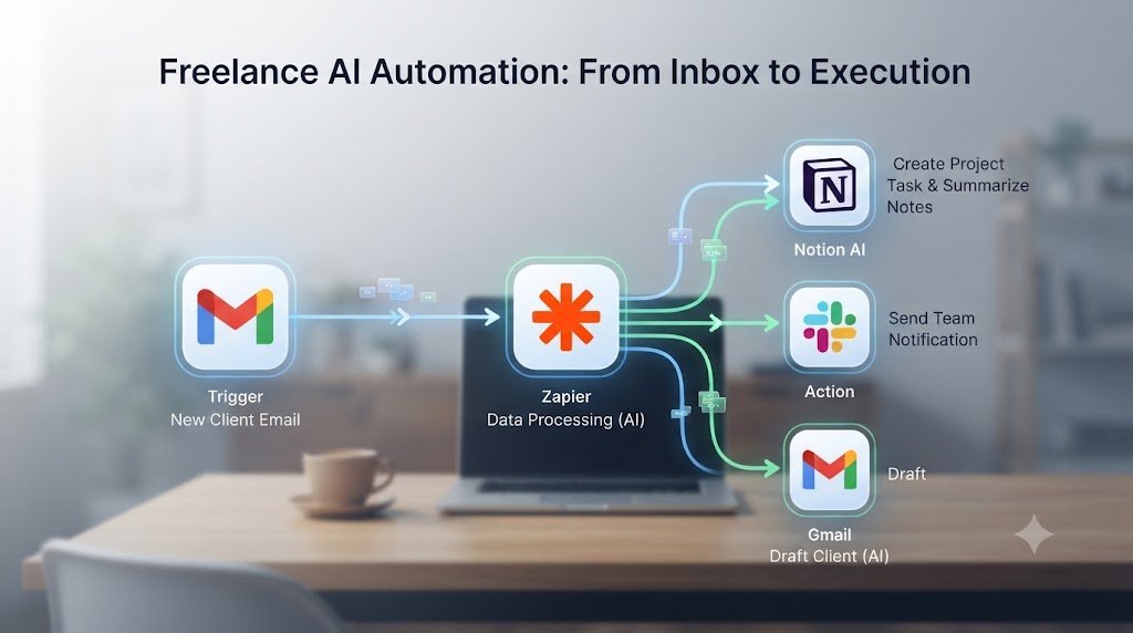 Visual representation of AI workflow automation connecting project management and communication tools.