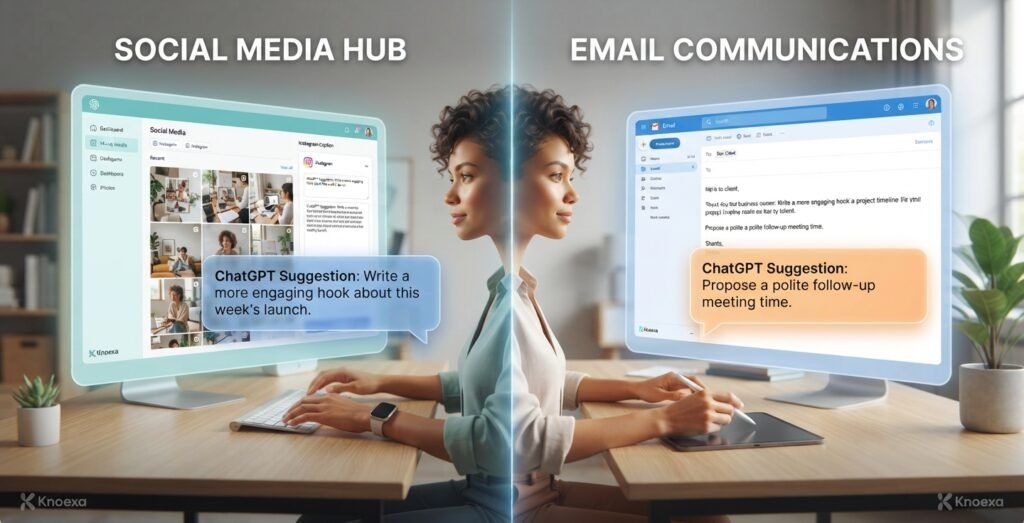 Split-screen mockup showing a small business owner managing daily tasks with AI prompts