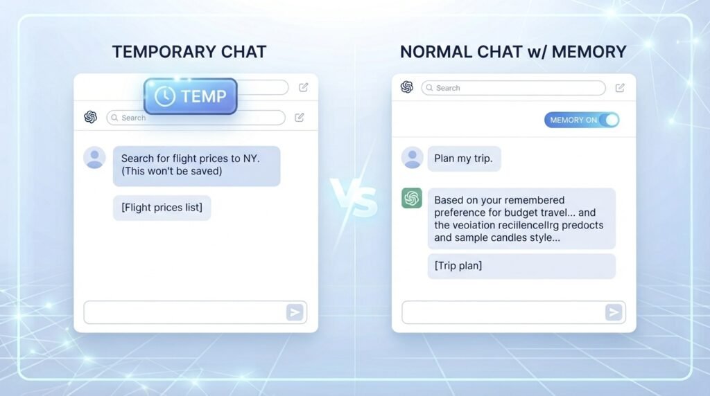 A user interface view highlighting the temporary chat mode option for clean, unremembered sessions