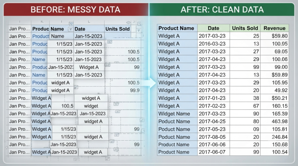 Messy and cleaned spreadsheet data