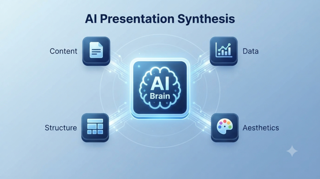 AI brain generating presentation slides and layouts from a user prompt