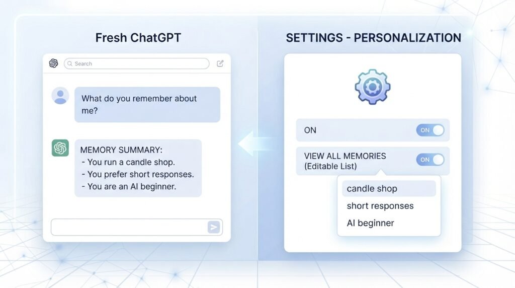An illustration showing how to check saved memories either by direct chat prompt or through settings