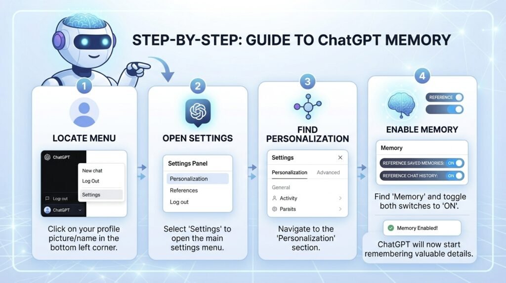 A user interface guide showing the steps to locate and enable memory settings in ChatGPT