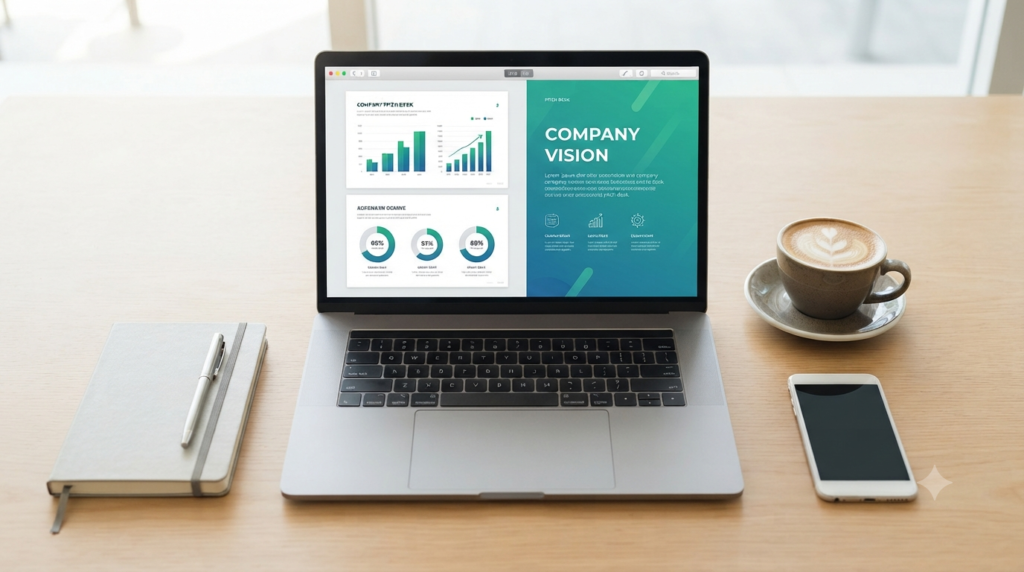 Laptop displaying an AI-generated presentation on a modern office desk