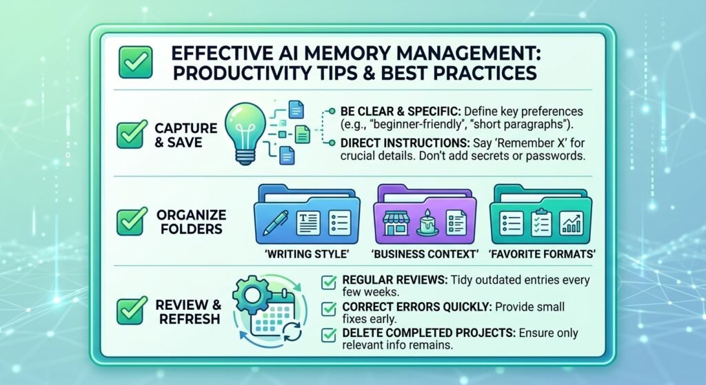 A flat graphic illustrating productivity tips and best practices for managing AI memory effectively.