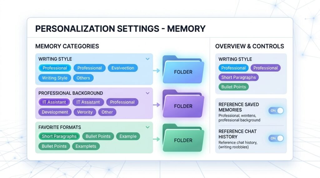A dashboard graphic displaying categorized examples of what ChatGPT Memory can safely remember.